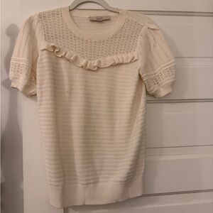 LOFT Cream Ruffle-Yoke Knit Top